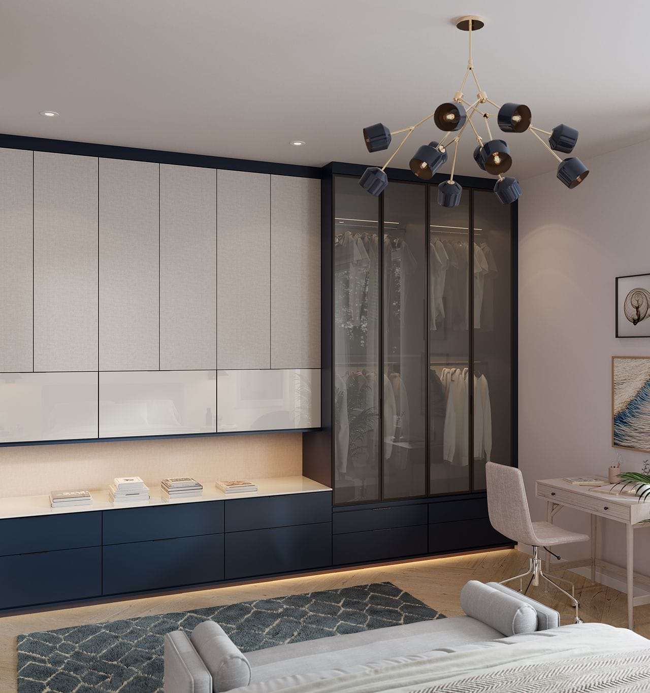 Wardrobe closet with additional storage designed in a navy blue matte finish, glass closet doors and pull out drawers by California Closets