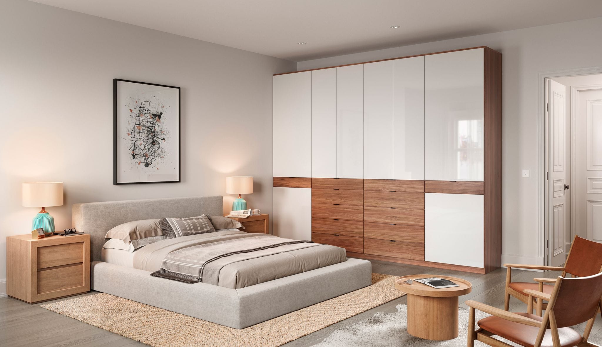 Sleek custom wardrobe featuring integrated drawers and hanging storage by California Closets