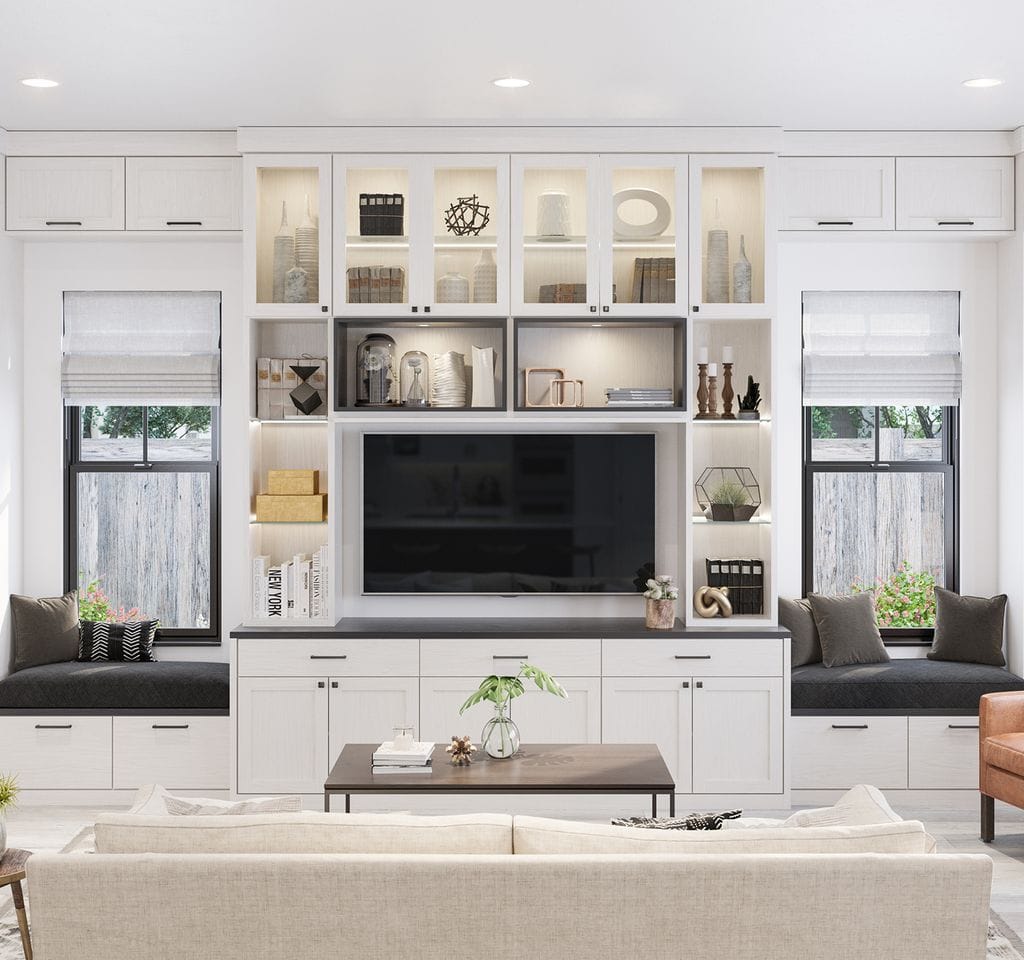 Farm style designed living room with entertainment center cabinets, shelves and drawers by California Closets