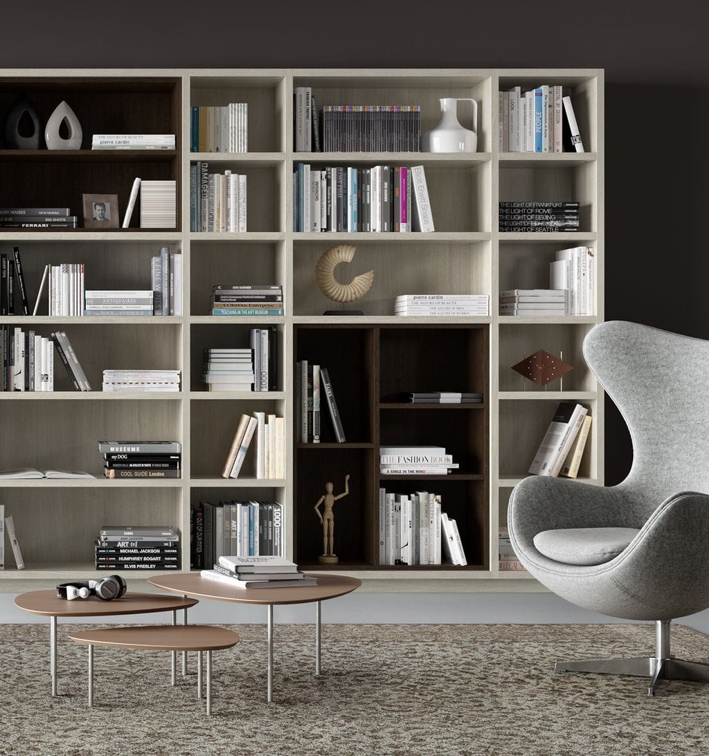 Library bookshelves in modern white wood grain finish by California Closets