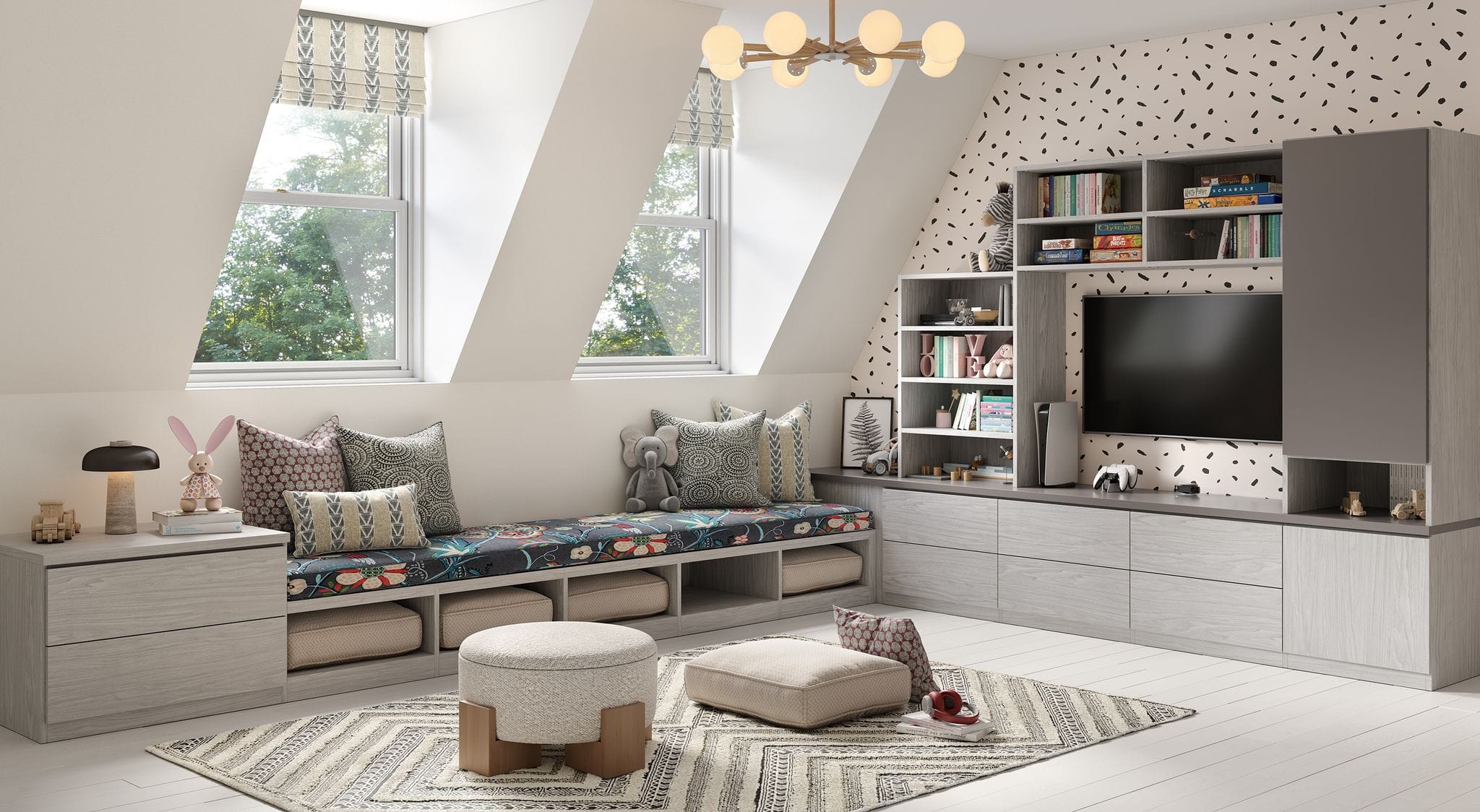 Playroom with entertainment center storage bench for toys and bookshelves by California Closets