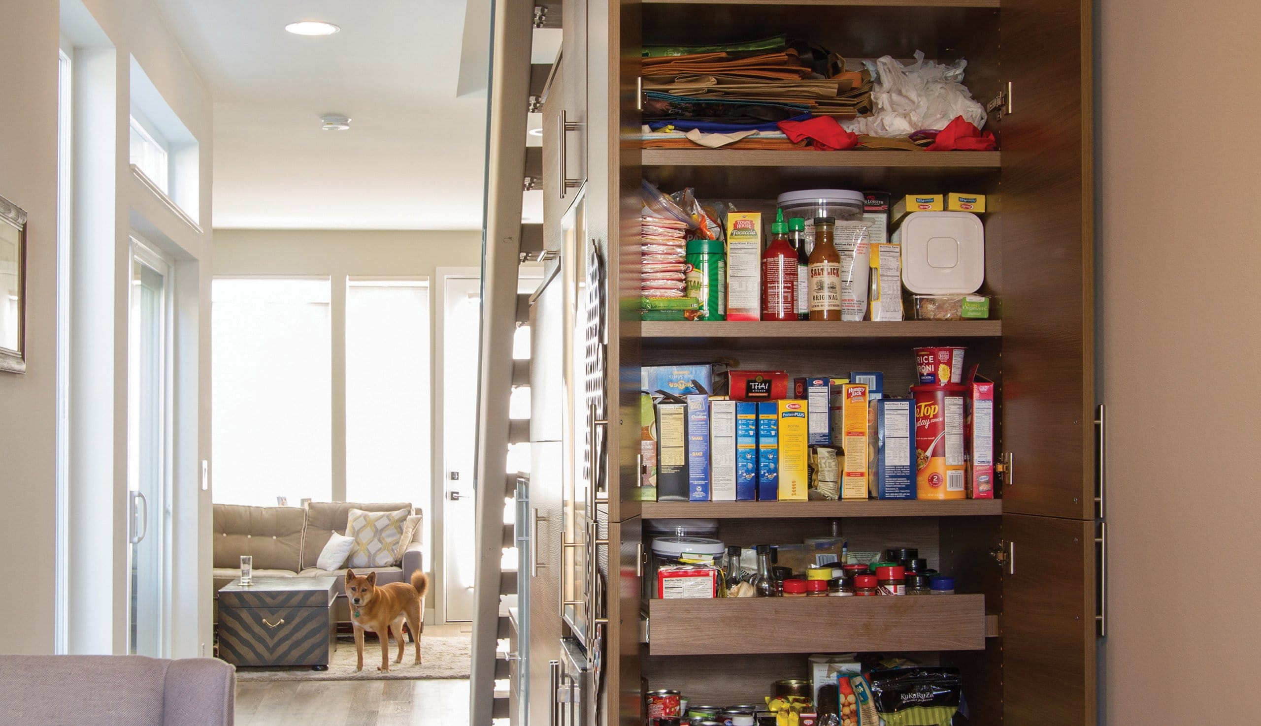 Under staircase pantry shelving and pull out drawers in dark finish by California Closets
